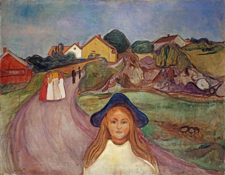 Edvard Munch’s Road in Åsgårdstrand (1901) shows a lavender-colored country road curving past green fields toward bright red and yellow houses, with a girl in a white dress and blue hat in the foreground and groups of women walking down the path under a pale blue sky.