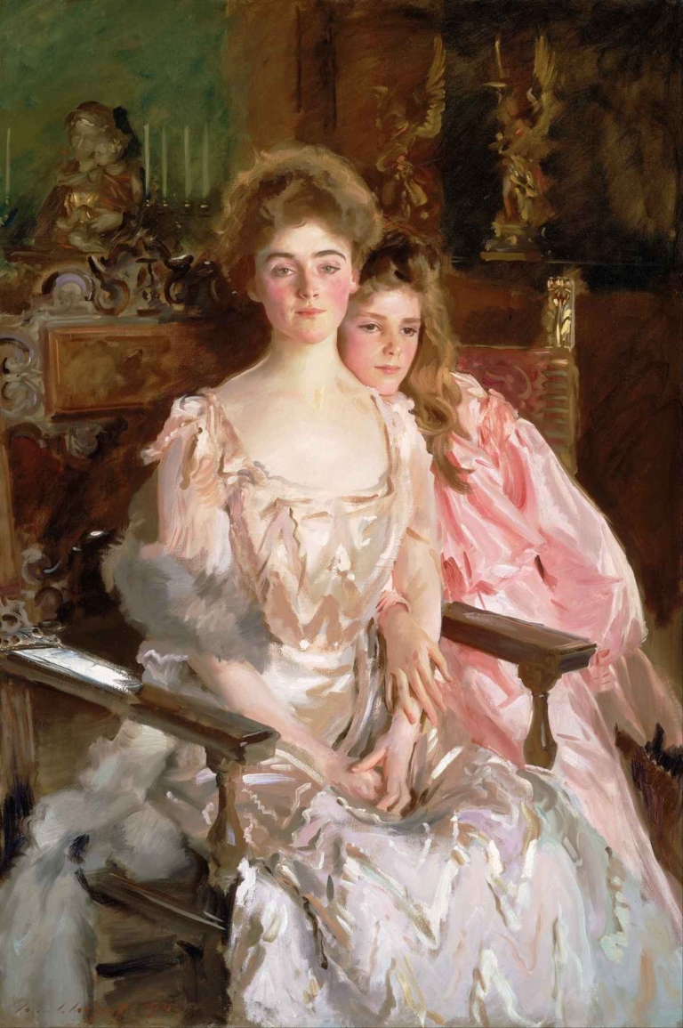 A refined portrait of Gretchen Osgood Warren in a white gown seated with her daughter Rachel in pink, painted by John Singer Sargent in the Gilded Age style.