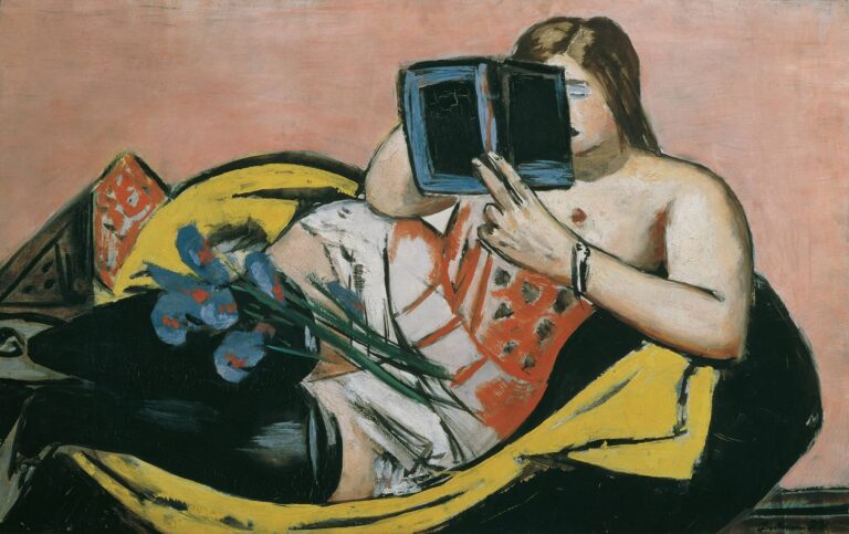 A modernist painting by Max Beckmann titled “Reclining Woman with Book and Irises”, depicting a partially nude woman reading a book on a couch with vivid yellow cushions and a bouquet of blue irises, rendered in bold colors and expressive outlines.