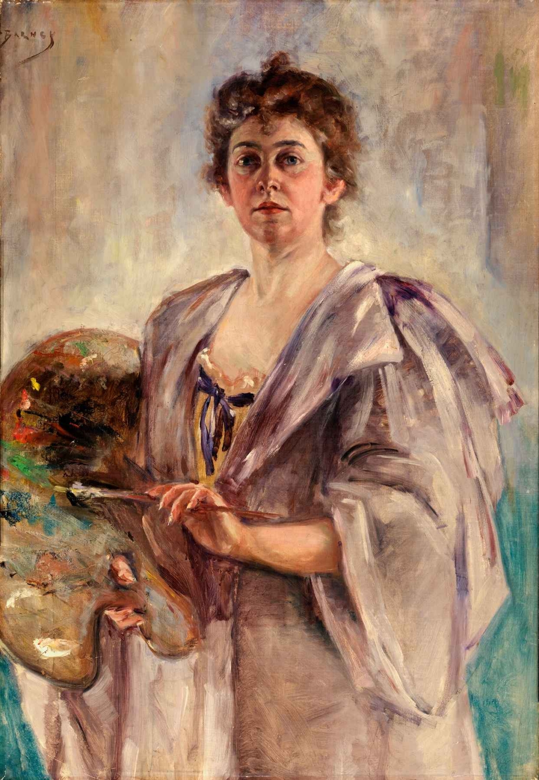 Self-Portrait in Painting Robe by Alice Pike Barney – early 20th-century painting of a woman artist holding a palette and brush in a flowing robe.
