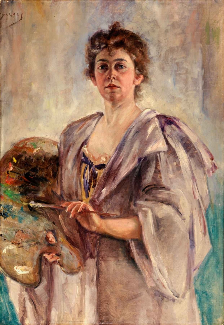 Self-Portrait in Painting Robe by Alice Pike Barney – early 20th-century painting of a woman artist holding a palette and brush in a flowing robe.
