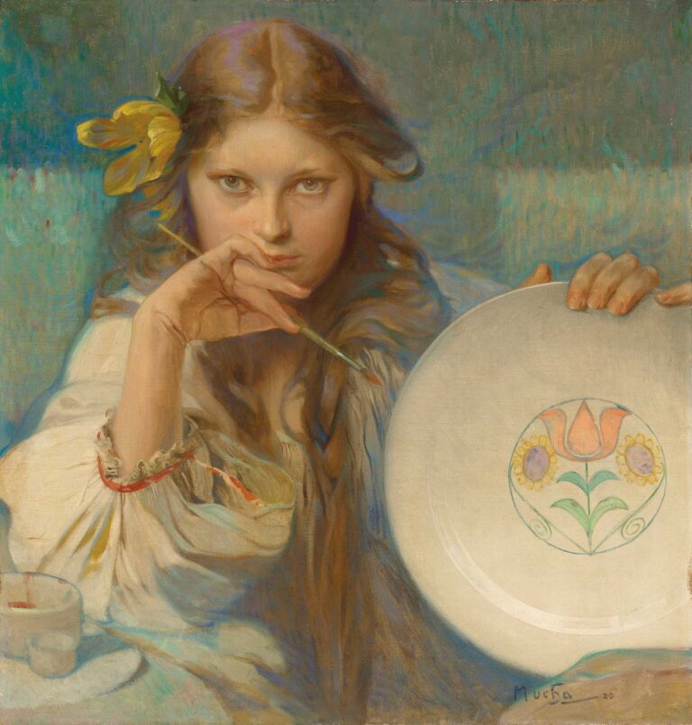 Oil painting of a young woman with long brown hair and a yellow flower behind her ear, holding a paintbrush to her lips and presenting a round plate painted with a simple folk-art tulip and sunflower design, set against a muted green-blue background.