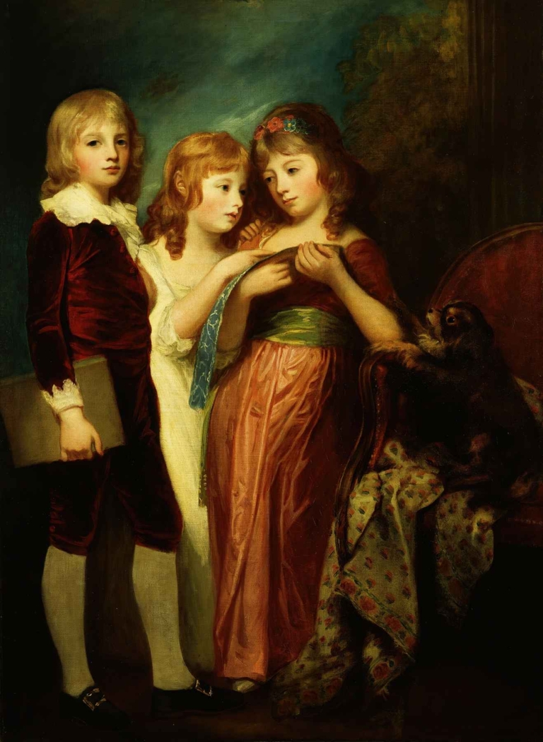 The Hartley Children by George Romney – 18th-century portrait of three aristocratic children with a dog, painted in Georgian style with warm tones and classical elegance.