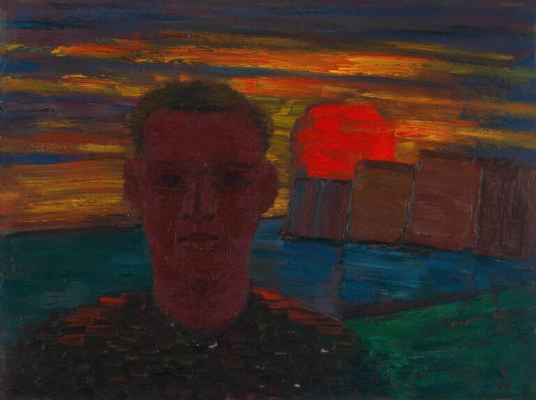 An abstract expressionist painting by Karl Wiener titled “Male Portrait”, showing a dark red male figure in front of a dramatic sunset with blocky structures and a glowing red orb, evoking themes of identity, isolation, and psychological introspection.