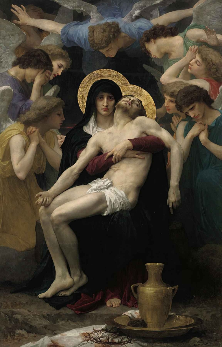 A sorrowful Virgin Mary cradles the lifeless body of Christ, surrounded by mourning angels, in William Bouguereau’s dramatic 1876 painting Pietà.