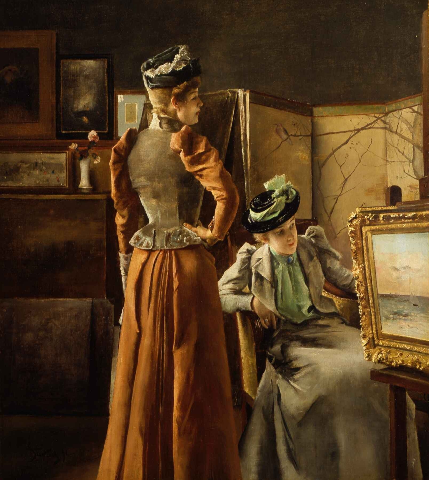 Alfred Stevens’ "Looking at a Painting" depicting two elegantly dressed 19th-century women observing a framed painting in a richly decorated art gallery with dark walls, wooden panels, and Japanese screen.