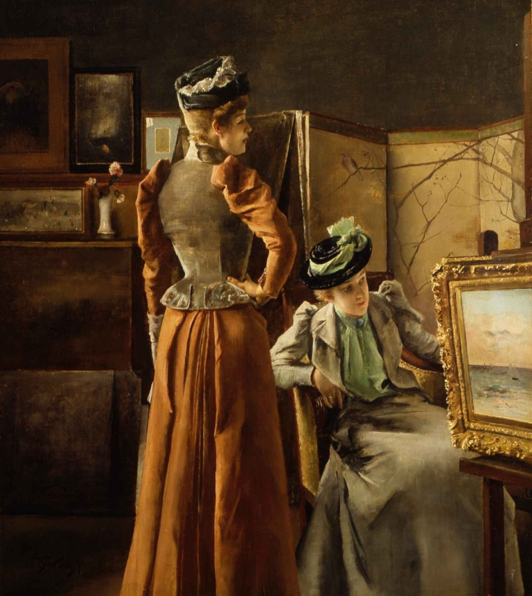 Alfred Stevens’ "Looking at a Painting" depicting two elegantly dressed 19th-century women observing a framed painting in a richly decorated art gallery with dark walls, wooden panels, and Japanese screen.