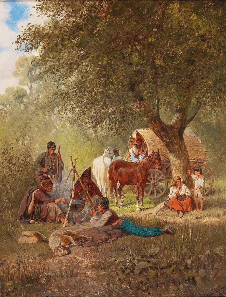 Midday Rest by Franz Quaglio – 19th-century genre painting of rural travelers resting under a tree with horses and a wagon.