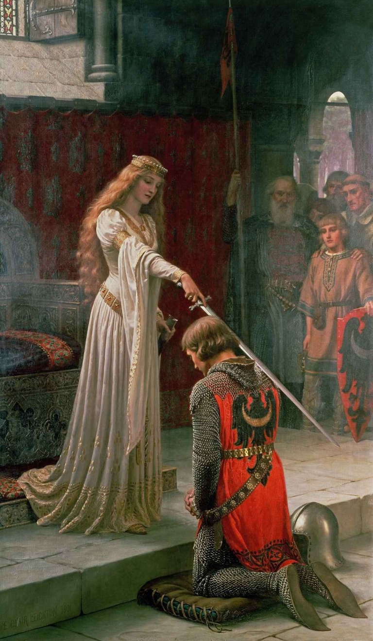 The Accolade by Edmund Blair Leighton – a medieval-themed painting of a noblewoman knighting a kneeling warrior in a ceremonial court.