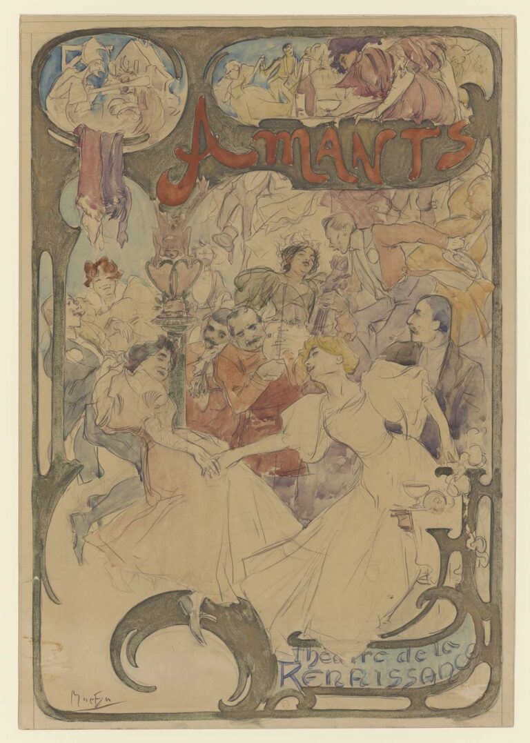 Sketch in pencil and light watercolor washes of two women in flowing gowns dancing hand-in-hand in the foreground, surrounded by men playing violin and cello, all enclosed within an ornate, curving Art Nouveau–style border.