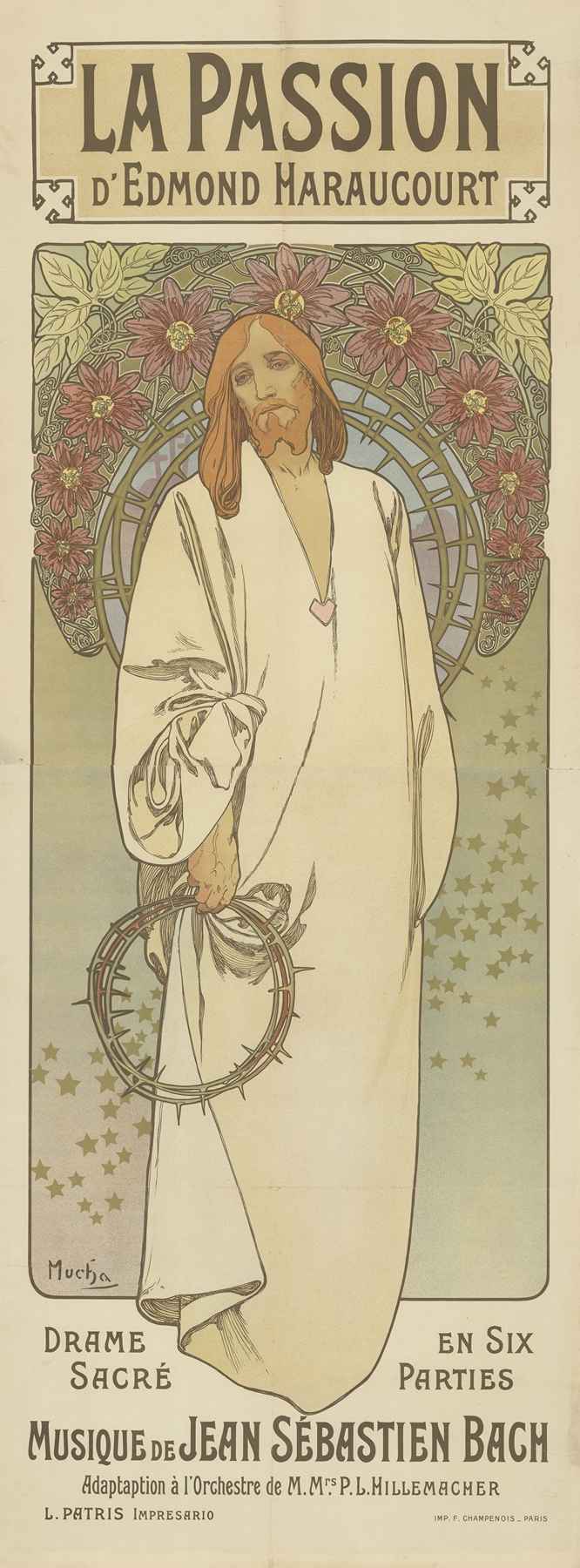 Poster by Alphonse Mucha titled “La Passion d’Edmond Haraucourt” – Art Nouveau depiction of Christ with floral background, crown of thorns, and stylized sacred motifs.