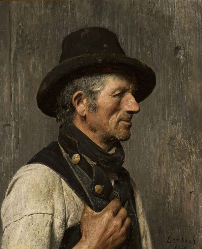 A realistic 1861 portrait by Franz von Lenbach showing a weathered, gray-haired peasant in profile, wearing a dark hat and rustic clothing, against a plain wooden background.