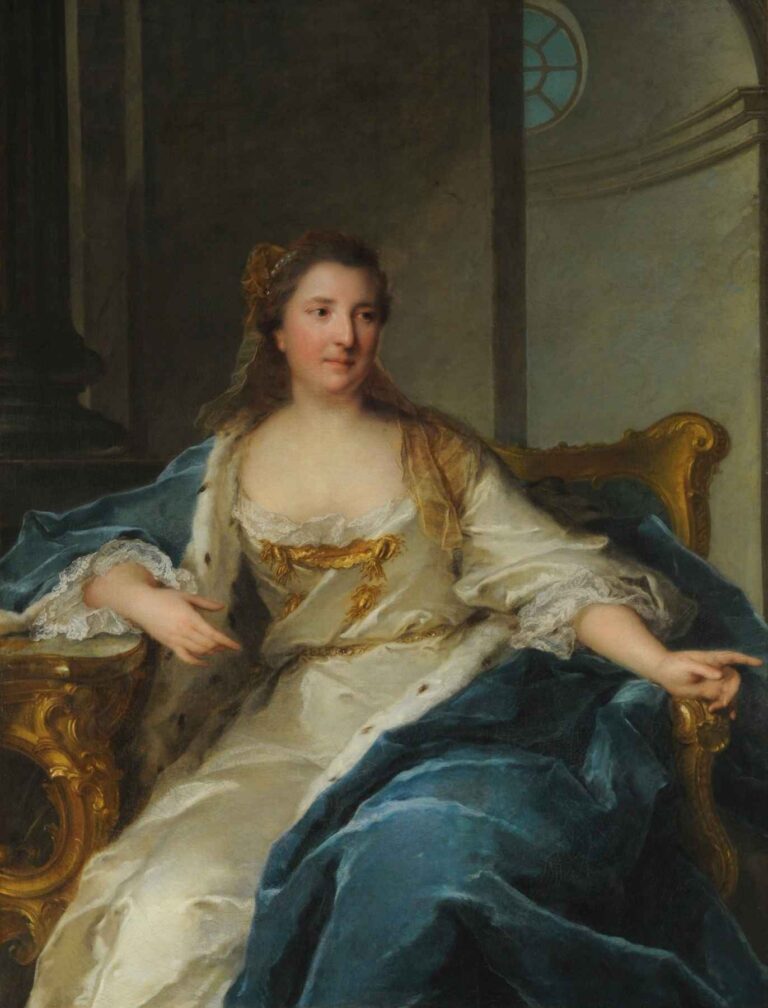 Elegant Rococo portrait of Princess Charlotte de Hesse-Rheinfels in ivory satin gown trimmed with gold ribbons and lace, draped in blue ermine cloak, seated in a gilded armchair within a palatial interior.