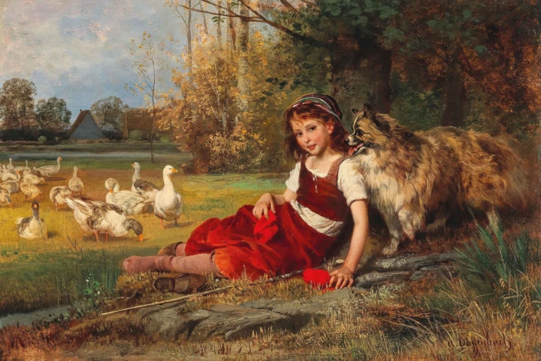 Anton Heinrich Dieffenbach's "A Young Goose Girl Resting" depicting a young girl in red dress reclining by a stream with her dog and a flock of geese in a tranquil rural setting.