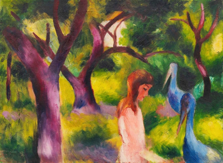 Girl with Blue Birds by August Macke, vibrant Expressionist painting featuring a young girl and blue birds in a dreamlike forest with bright color fields.