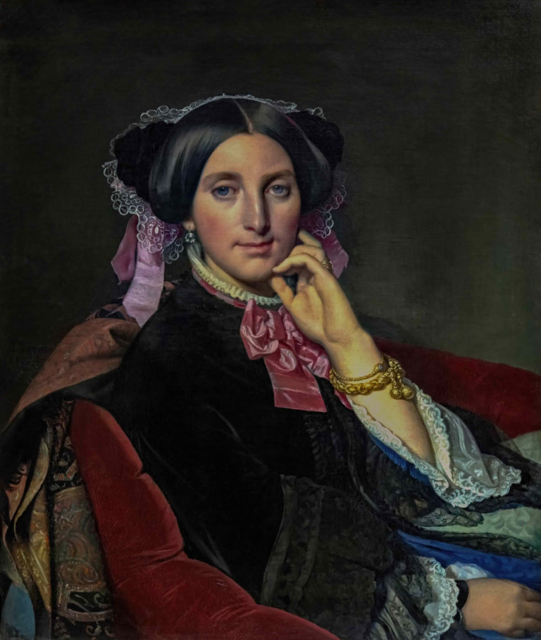 Jean Auguste Dominique Ingres' "Portrait of Madame Gonse" depicting an elegant seated woman in black silk with lace, pink ribbon, and gold jewelry, set against a dark background in a refined neoclassical style.
