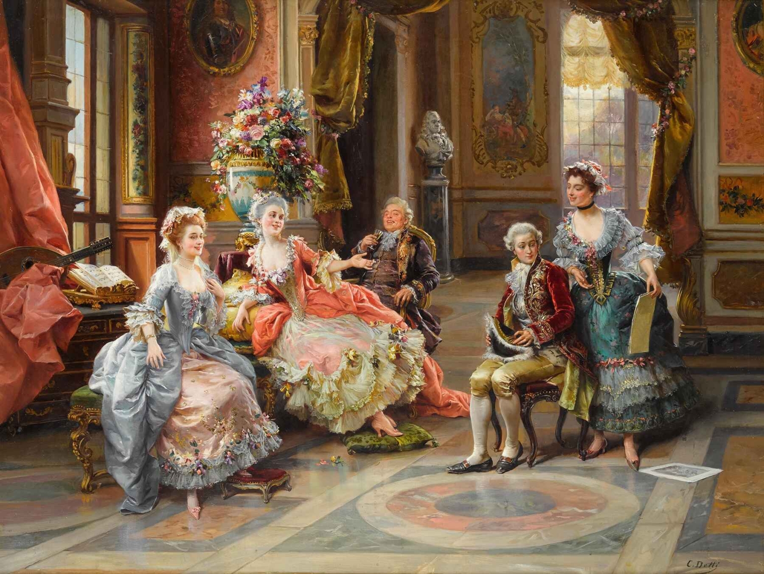 Cesare Auguste Detti’s "An Elegant Gathering" depicting 18th-century aristocrats in a lavish salon, wearing elaborate gowns and engaging in music and conversation amidst opulent surroundings.