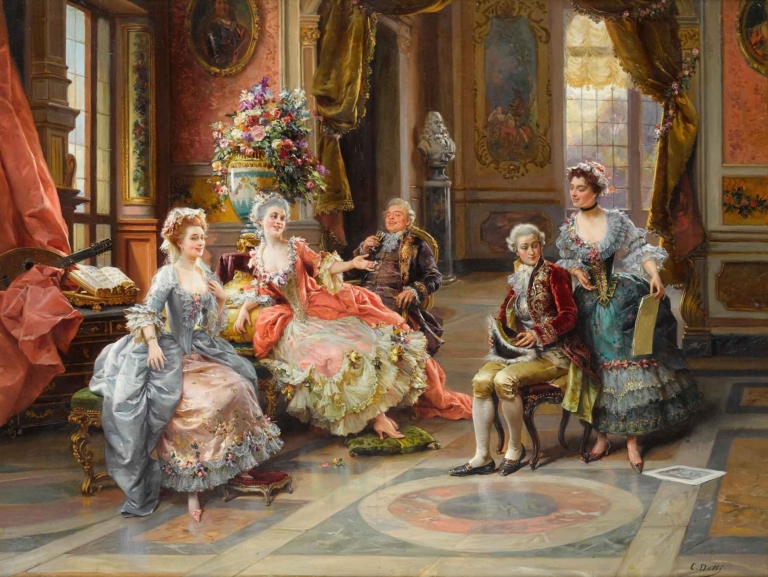 Cesare Auguste Detti’s "An Elegant Gathering" depicting 18th-century aristocrats in a lavish salon, wearing elaborate gowns and engaging in music and conversation amidst opulent surroundings.