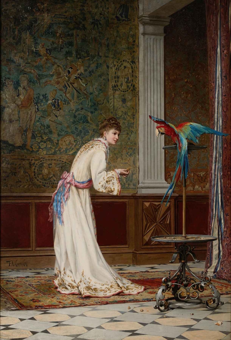 Frederik Hendrik Kaemmerer’s "Feeding the Macaw" showing an elegantly dressed woman feeding a vibrant macaw in a richly decorated 19th-century interior with tapestry, classical columns, and marble floor.