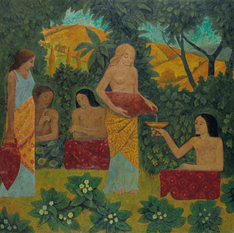 A Symbolist painting by Paul Sérusier showing five women in patterned sarongs gathered in a verdant forest clearing, one pouring liquid from a red urn into a golden chalice, framed by decorative flowering plants and distant golden hills.