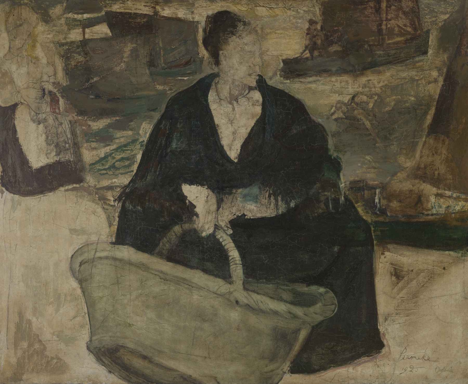 A somber painting of a seated woman in black holding a large basket, with fishing boats in the background, rendered in dark, earthy tones by Constant Permeke.