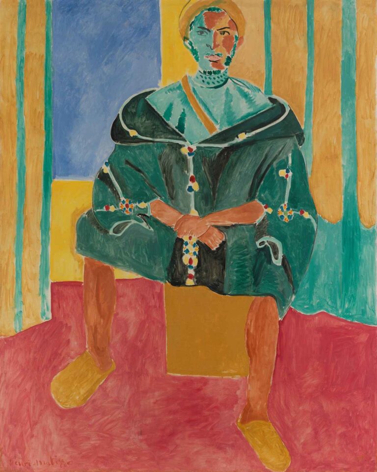 Seated Riffian by Henri Matisse (1912): a young Moroccan man sits with legs apart on a ochre block, wearing a dark green embroidered cloak, yellow slippers, and a patterned tunic, against vertical panels of yellow, blue, and green on a gray ground.