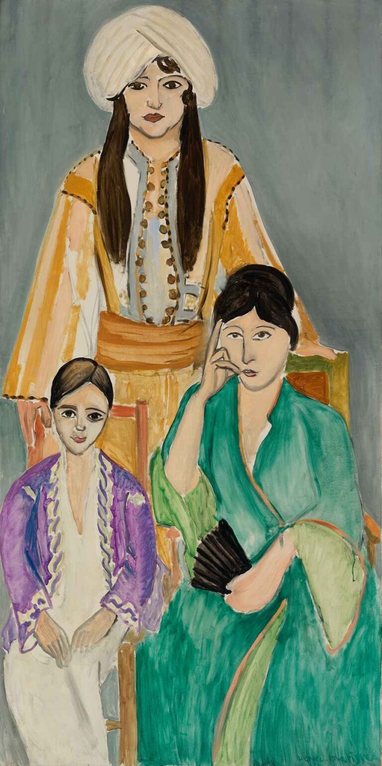 Three Sisters with Grey Background by Henri Matisse (1917): three sisters—one standing in a yellow robe and white turban, one seated in green holding a fan, and a young girl in a purple jacket—posed against a flat grey backdrop.