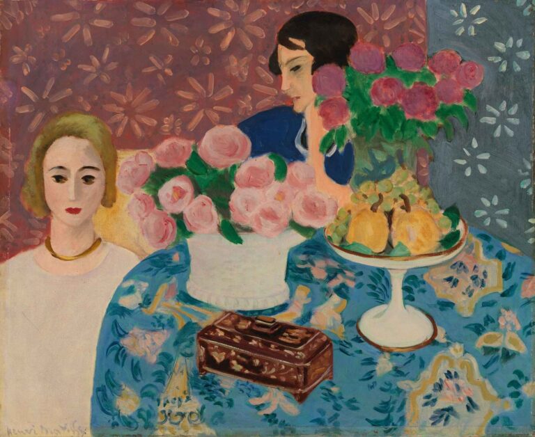 Chinese Casket by Henri Matisse (1922): a round table draped in a blue floral cloth holds a pale Chinese porcelain casket, ripe pears on a compote, a bouquet of pink roses, and a small lacquer box, with two women—one seated in white at left, one reclining in blue behind—set against rose and gray patterned panels.