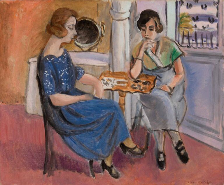 Domino Players by Henri Matisse: two women seated at a small table playing dominoes in a brightly colored room with a window overlooking palm trees.