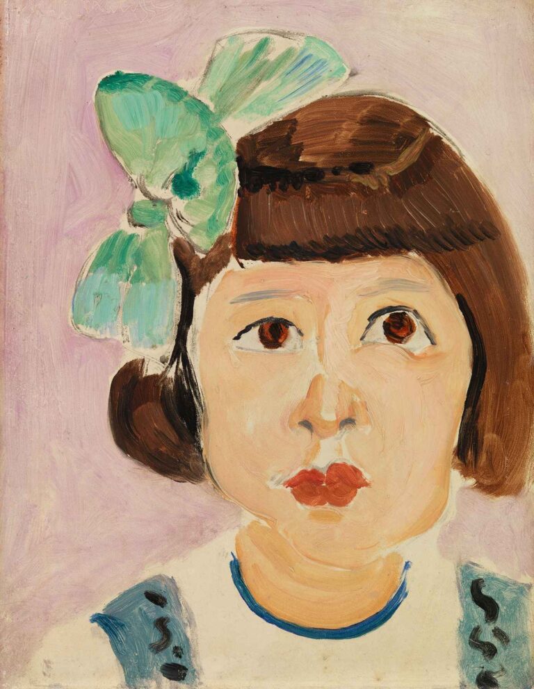 Head of a Young Girl by Henri Matisse (1917): a close-up portrait of a young girl with large brown eyes and red lips, wearing a mint-green bow in her bobbed hair, set against a pale lavender background.