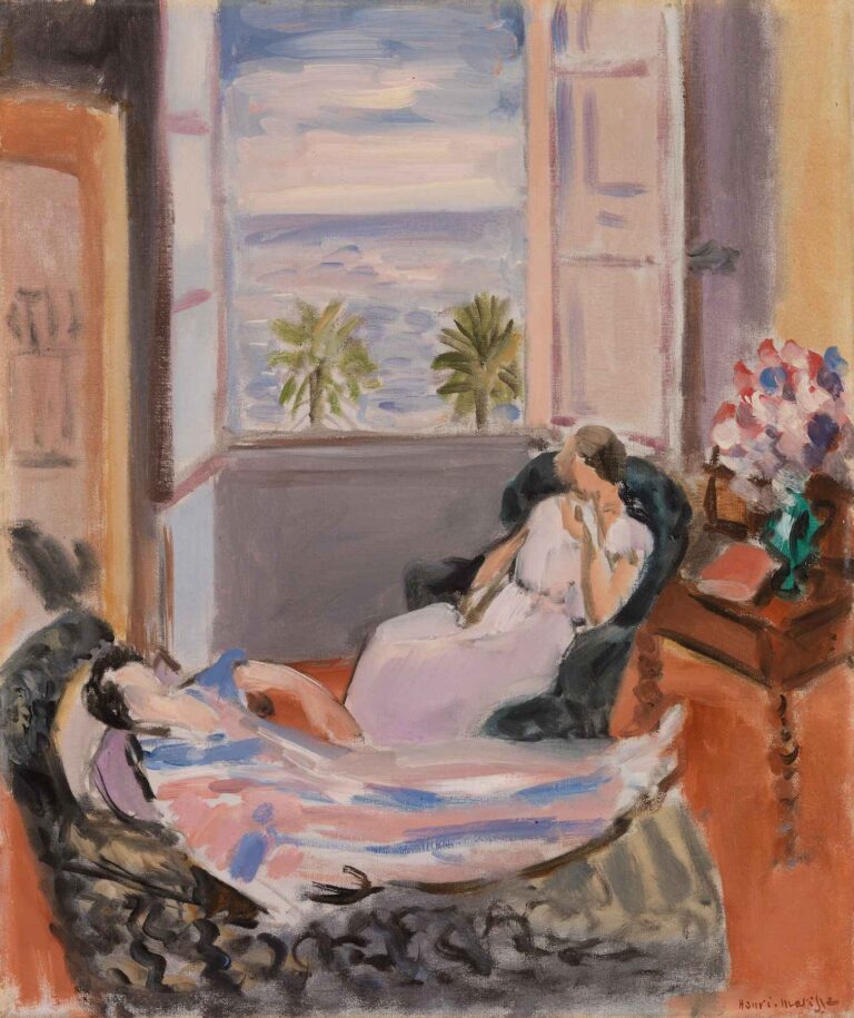 Interior with Two Figures, Open Window by Henri Matisse (1922): a pastel-toned room with an open shuttered window revealing a seaside view; one woman reclines on a chaise in a striped dress, another sits in a dark chair in white, beside a table topped with a bouquet of flowers.