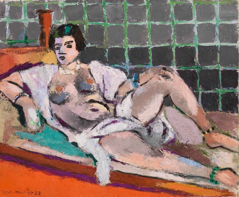 Reclining Odalisque by Henri Matisse (1928): a nude woman lounging on her side, her torso and limbs painted in pastel pinks and grays, set before a green-gridded gray wall and a vivid orange carpet, her form outlined with bold, textured strokes.
