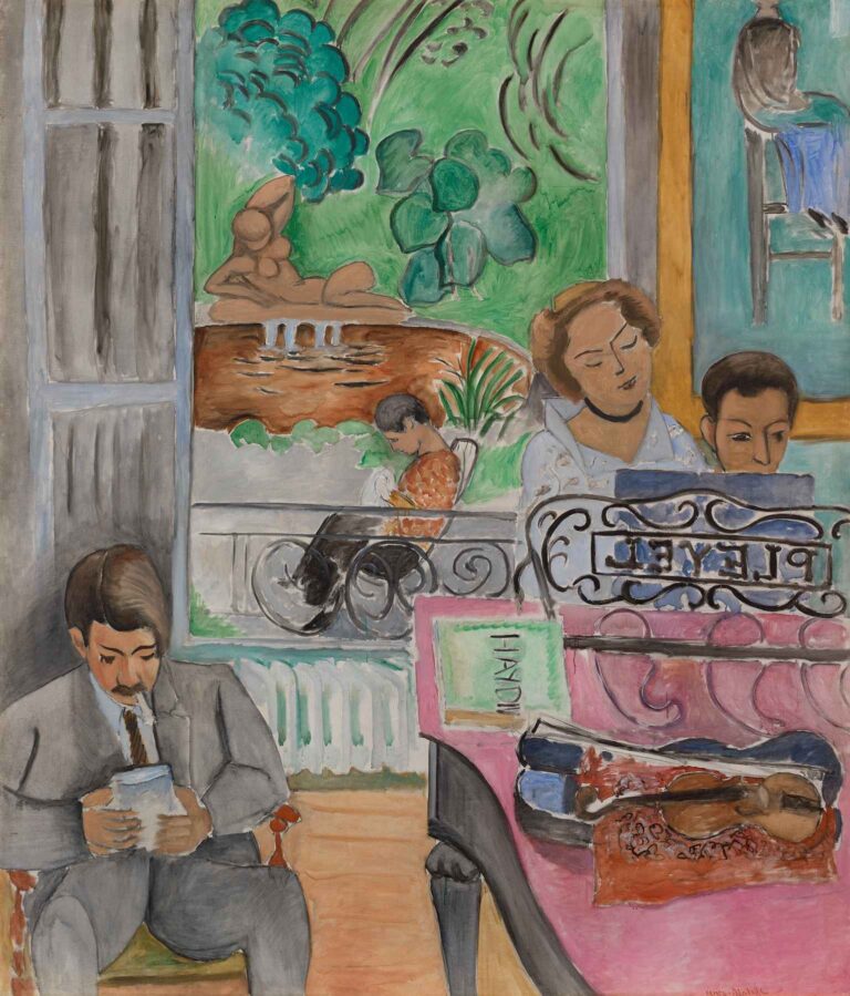 The Music Lesson by Henri Matisse (1917): a woman in a pale floral dress stands by an upright piano teaching a seated student, set against a striped rug, radiator, and curtained window.