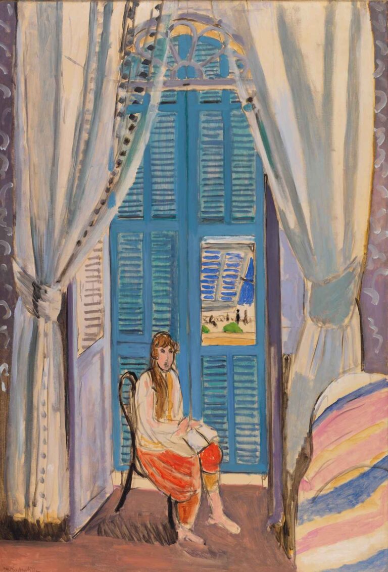 The Venetian Blinds by Henri Matisse (1919): a young woman seated on a chair before tall blue-green shutters, framed by pale curtains and a striped bedcover, bathed in slatted sunlight.