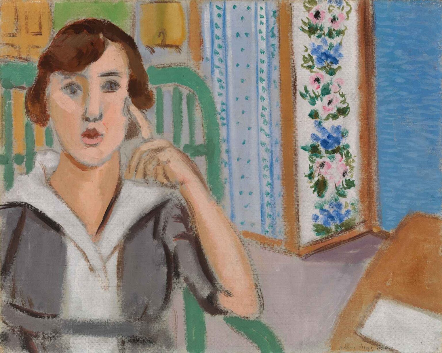 Woman and Screen by Henri Matisse (1919): a woman in a gray-and-white blouse sits on a green chair, finger to temple, in front of a three-panel folding screen decorated with lavender flowers, dotted vines, and a solid blue panel.