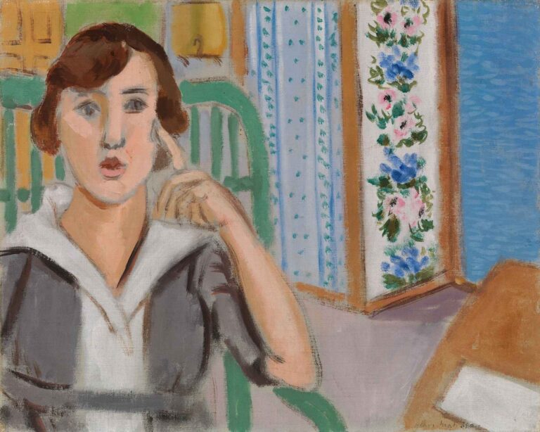 Woman and Screen by Henri Matisse (1919): a woman in a gray-and-white blouse sits on a green chair, finger to temple, in front of a three-panel folding screen decorated with lavender flowers, dotted vines, and a solid blue panel.