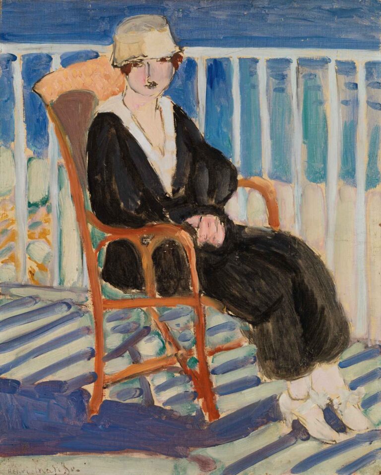 Young Girl on a Balcony over the Ocean by Henri Matisse (1918): a girl in a white dress sits sideways on a chair against a white balustrade, looking out at the deep blue ocean from a diagonally striped terrace floor.
