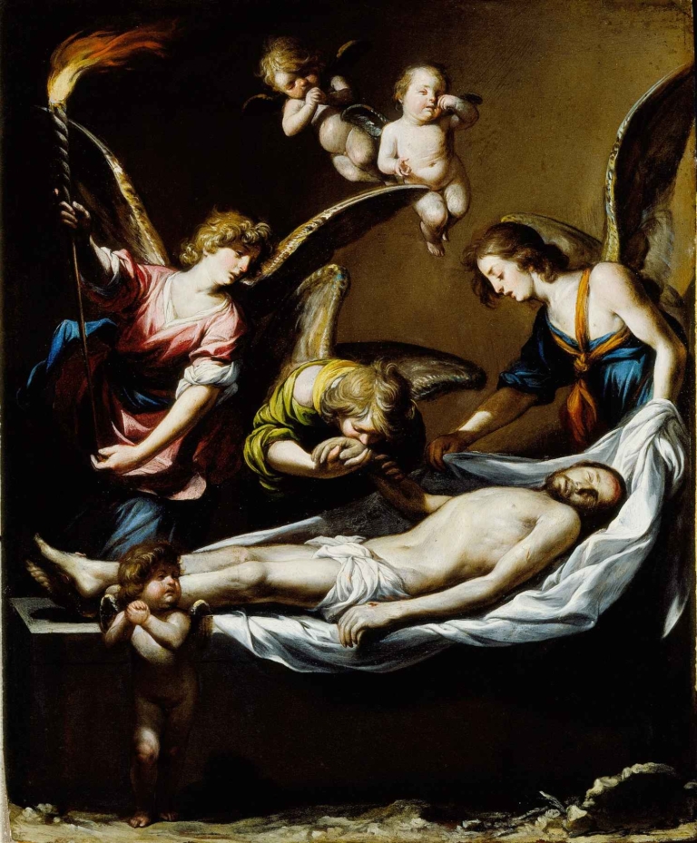 Dead Christ with Lamenting Angels by Antonio del Castillo y Saavedra, Baroque religious painting depicting angels mourning over Christ’s body with dramatic light and rich symbolism.