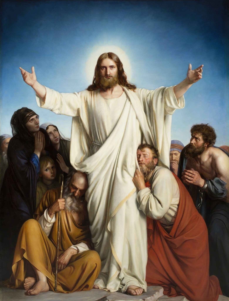 Christus Consolator by Carl Bloch – painting of Jesus Christ in white robes, arms outstretched, surrounded by grieving and suffering individuals under a radiant blue sky.