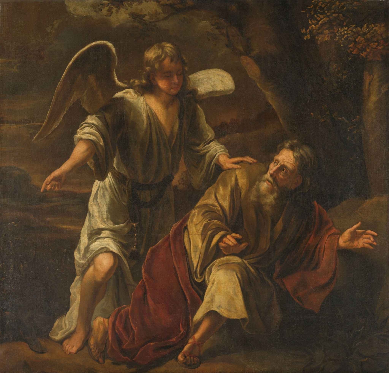 Biblical Scene by Ferdinand Bol – Baroque painting of angel and prophet in dramatic chiaroscuro setting with emotional expressions.