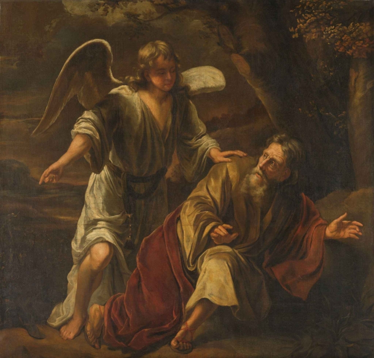 Biblical Scene by Ferdinand Bol – Baroque painting of angel and prophet in dramatic chiaroscuro setting with emotional expressions.