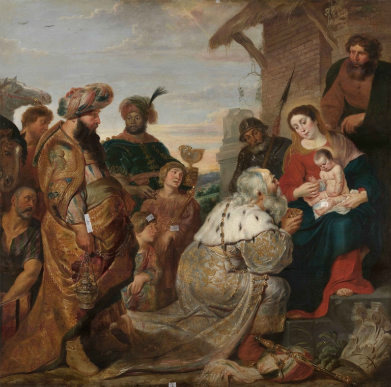 Cornelis de Vos’ "The Adoration of the Magi" depicting the three wise men presenting gifts to the Christ child, surrounded by richly dressed figures, elaborate costumes, and a vibrant Baroque setting.
