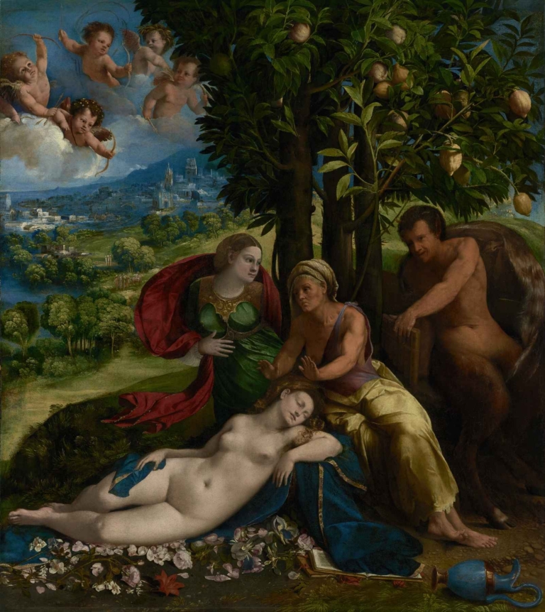 Dosso Dossi’s "Mythological Scene" featuring a reclining nude woman surrounded by allegorical and mythological figures beneath a fruit tree, with cherubs in the sky and a Renaissance city in the background.