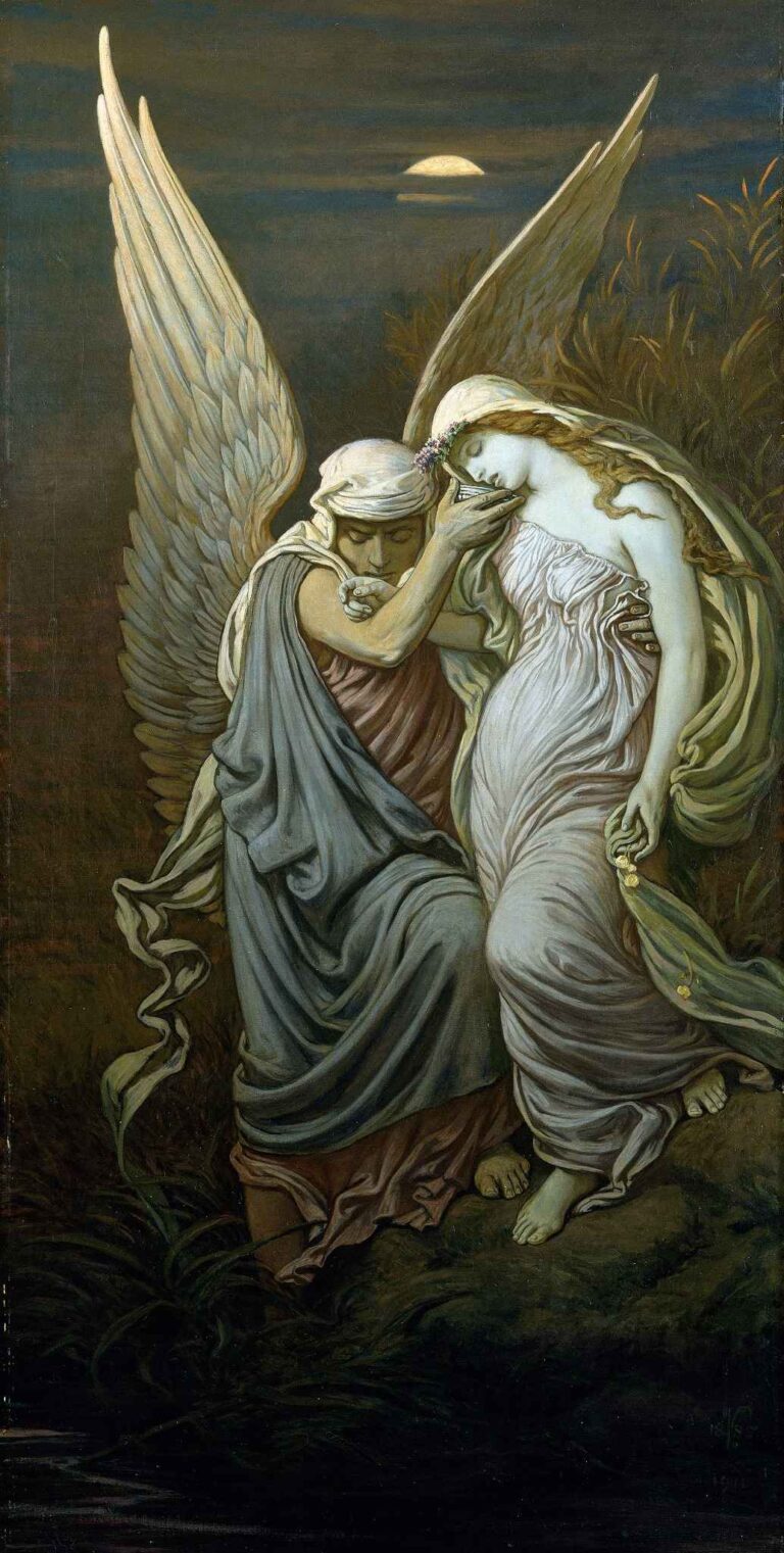 A Symbolist painting by Elihu Vedder showing a winged male figure offering a cup to a fainting angelic woman under moonlight, evoking a serene and spiritual depiction of death.