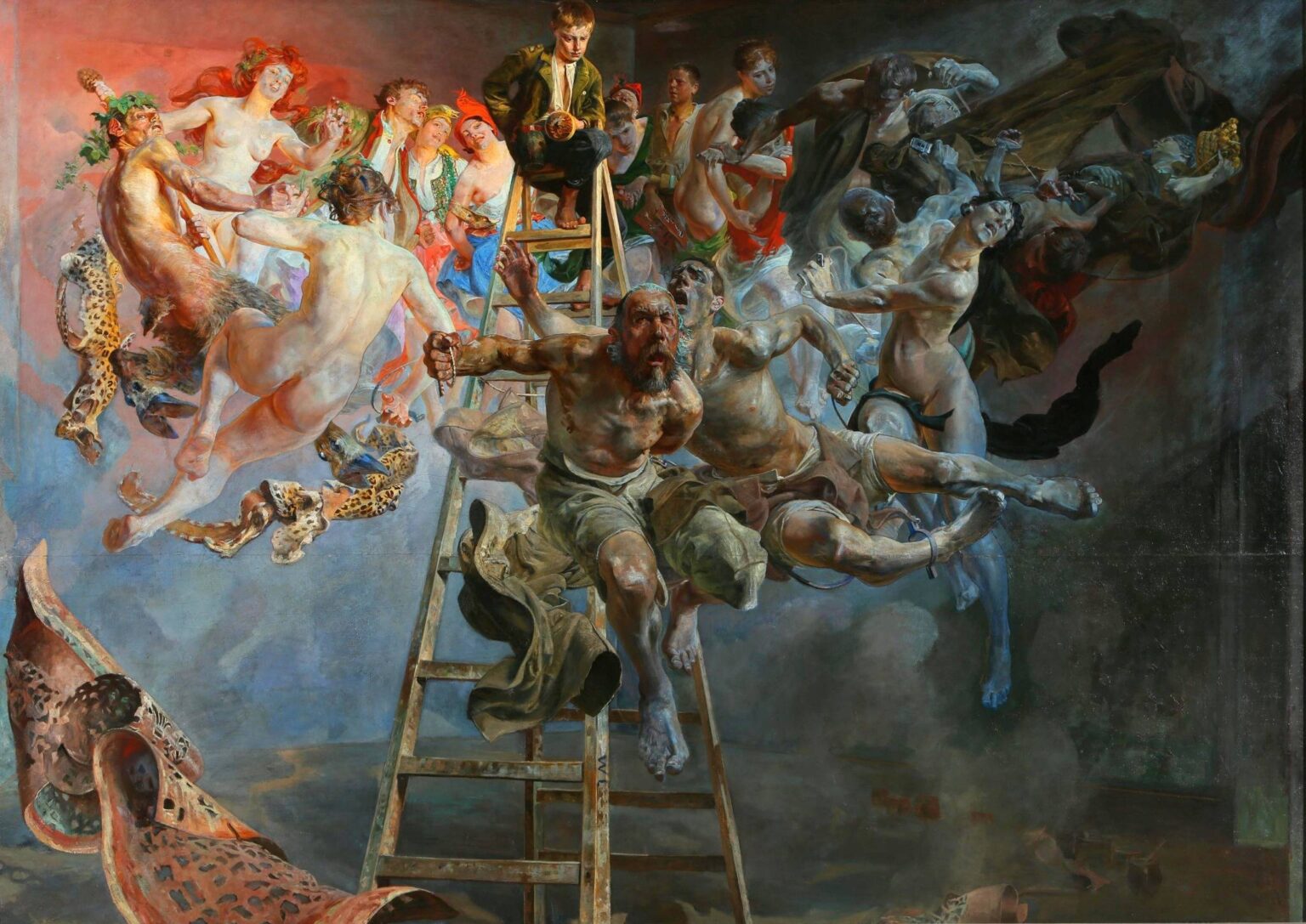 A large allegorical oil painting titled “Vicious Circle” by Jacek Malczewski, showing a seated young artist atop a ladder, surrounded by a dynamic swirl of naked and costumed figures in vibrant and shadowed tones, symbolizing opposing forces of ecstasy and despair.