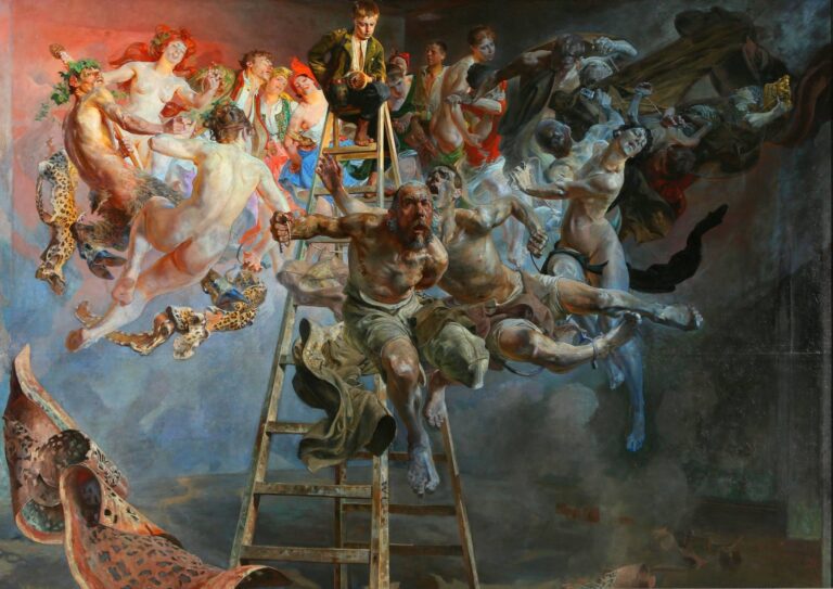 A large allegorical oil painting titled “Vicious Circle” by Jacek Malczewski, showing a seated young artist atop a ladder, surrounded by a dynamic swirl of naked and costumed figures in vibrant and shadowed tones, symbolizing opposing forces of ecstasy and despair.