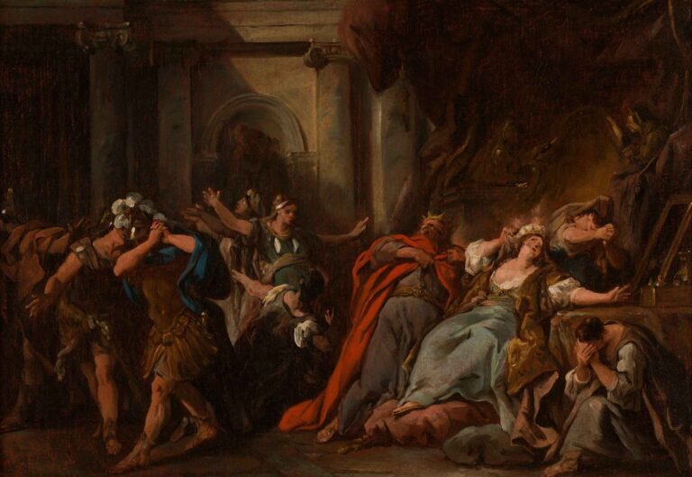 A dramatic mythological painting by Jean-François de Troy showing Creusa collapsing in agony as a magical poisoned dress consumes her, surrounded by horrified onlookers in a classical palace setting.