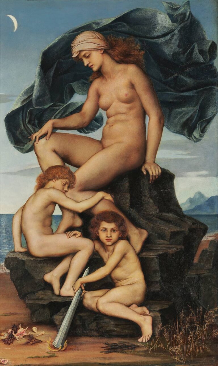 A classical-style painting by Evelyn De Morgan titled “Sleep and Death, the Children of the Night”, showing a seated nude woman with two sleeping children at her feet, symbolizing Night with her twin sons Sleep and Death, under a twilight sky with a crescent moon.