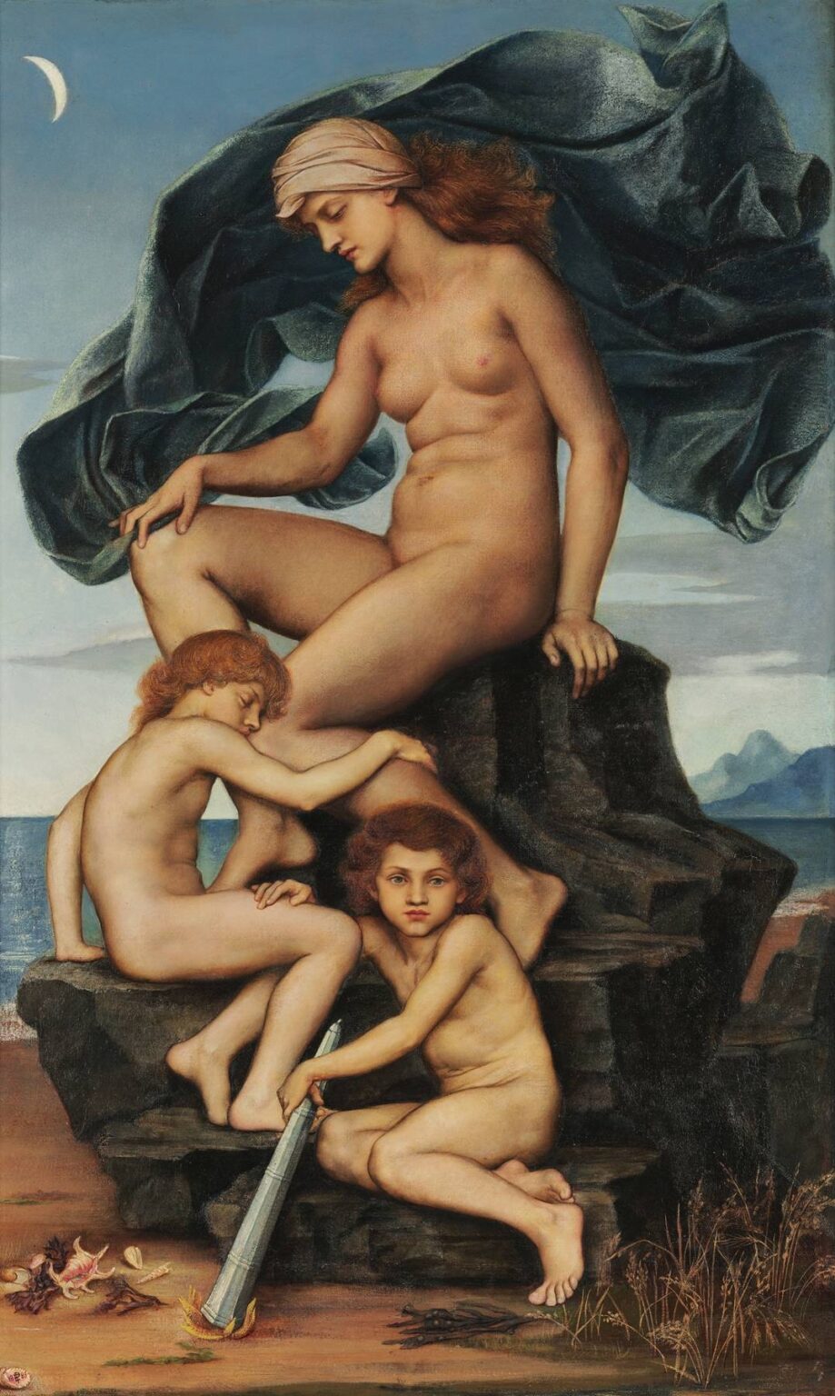 A classical-style painting by Evelyn De Morgan titled “Sleep and Death, the Children of the Night”, showing a seated nude woman with two sleeping children at her feet, symbolizing Night with her twin sons Sleep and Death, under a twilight sky with a crescent moon.