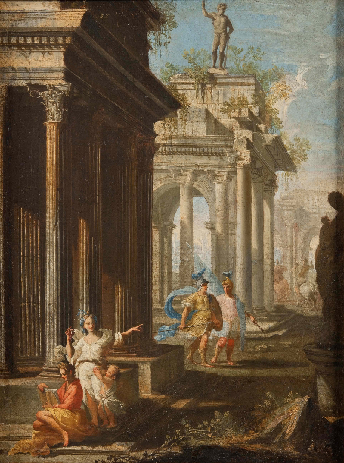 Alberto Carlieri's "Classical Buildings with Columns I" depicting grand Roman ruins, towering columns, classical figures in flowing garments, and detailed architectural structures beneath a bright blue sky.